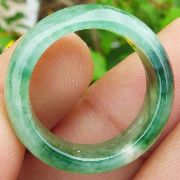Natural Grade A Jadeite Jade One Piece Ring Carving Transparent Green 17mm - Picture 10 of 14